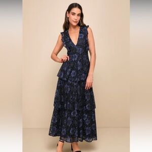 Molinetto Navy Blue Lace Ruffled Tiered Sleeveless Maxi Dress - Small -Lulus